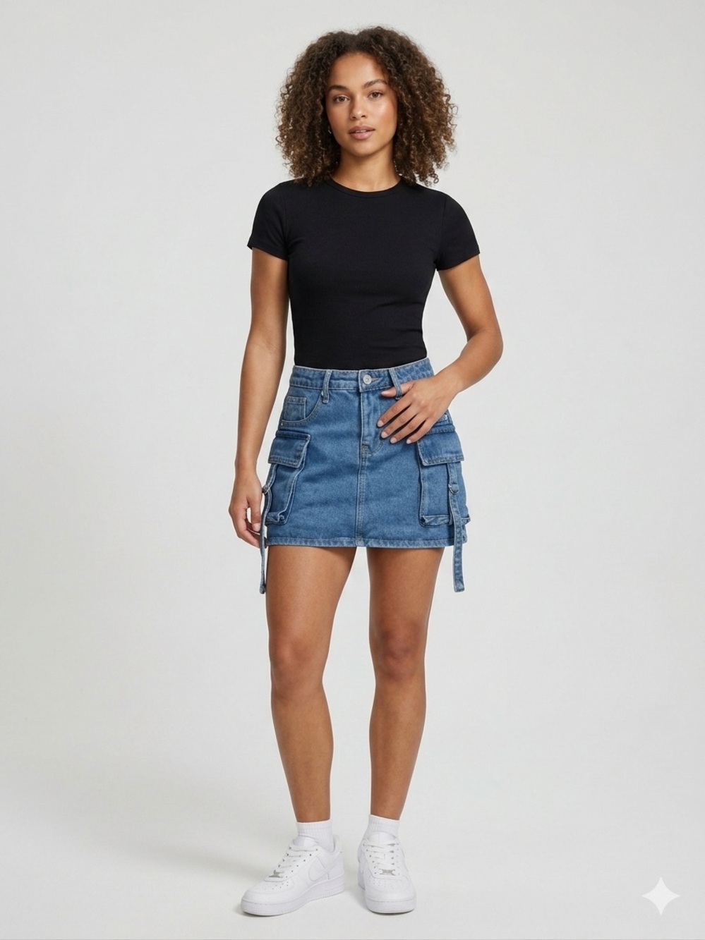 Aeropostale Black Top with Blue Denim Cargo Mini Skirt